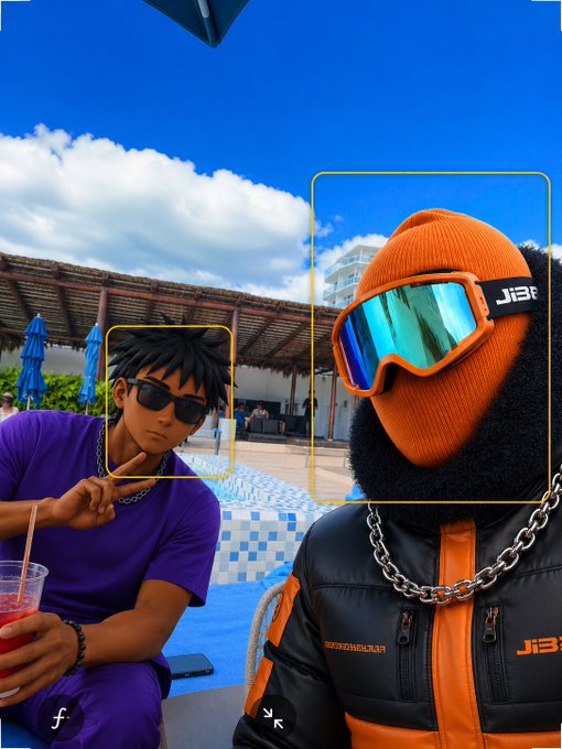 A selfie taken at a poolside featuring two people with stylized filter effects: one wearing a purple shirt and sunglasses, and another in an orange ski mask and puffer jacket with reflective goggles.