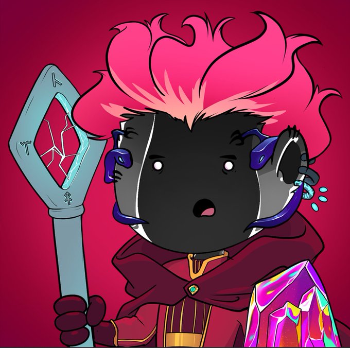 A digital illustration depicts a character with bright pink hair, a black face with a small mouth, purple tentacle-like ears, holding a staff and a rainbow crystal.