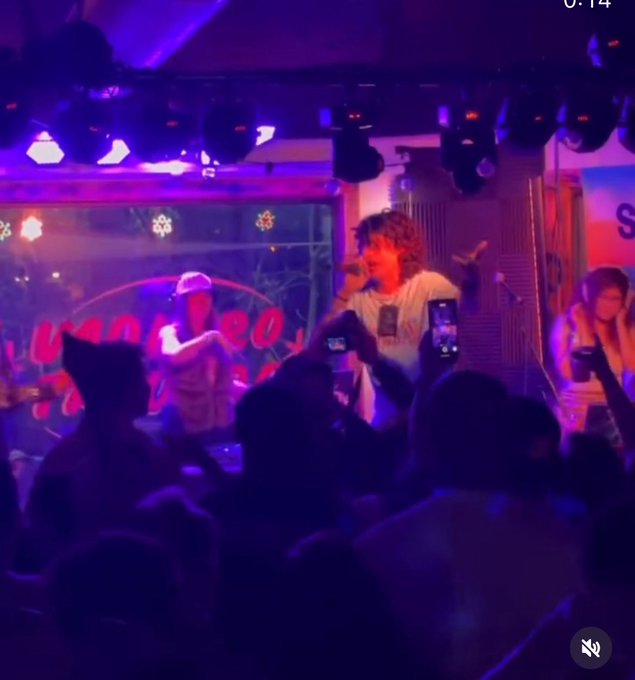 Photo of a live concert scene with vibrant purple and pink stage lighting, showing performers on stage and audience members holding up phones to record the performance.