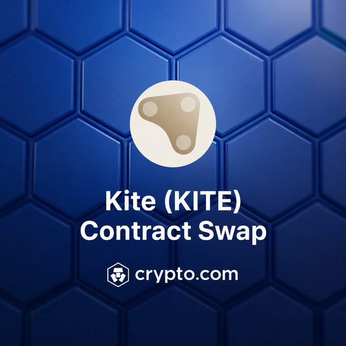A graphic featuring the Kite (KITE) logo on a dark blue hexagonal background announces the completion of the KITE contract swap, with the Crypto.com logo and text reading "Kite (KITE) Contract Swap" displayed prominently to mark the successful 1:1 token migration now available for deposits and withdrawals on the platform.