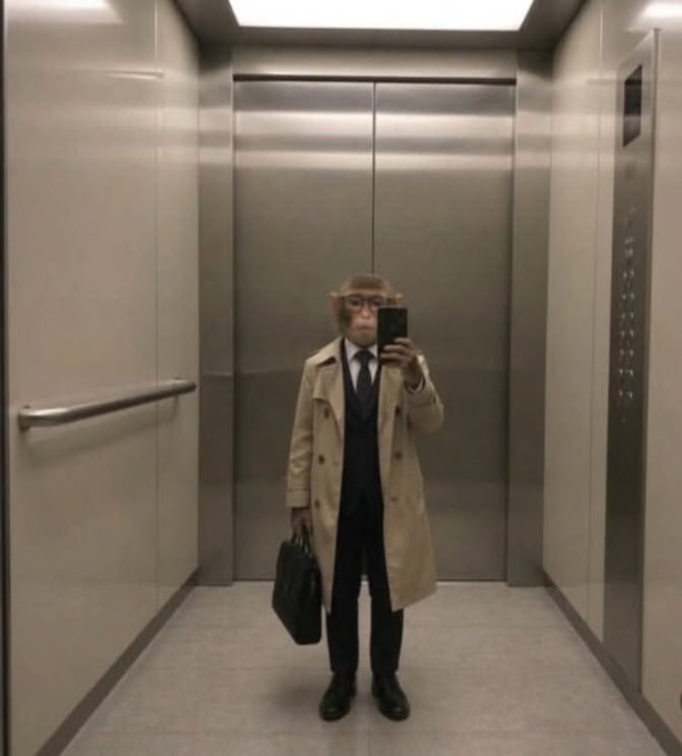 A monkey dressed in a beige trench coat, dark vest, tie, and pants, holding a briefcase while taking a mirror selfie inside a stainless steel elevator.