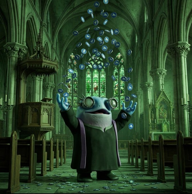 An illustration shows a frog-like character wearing glasses and a dark robe juggling blue cryptocurrency tokens inside a gothic church with stained glass windows.