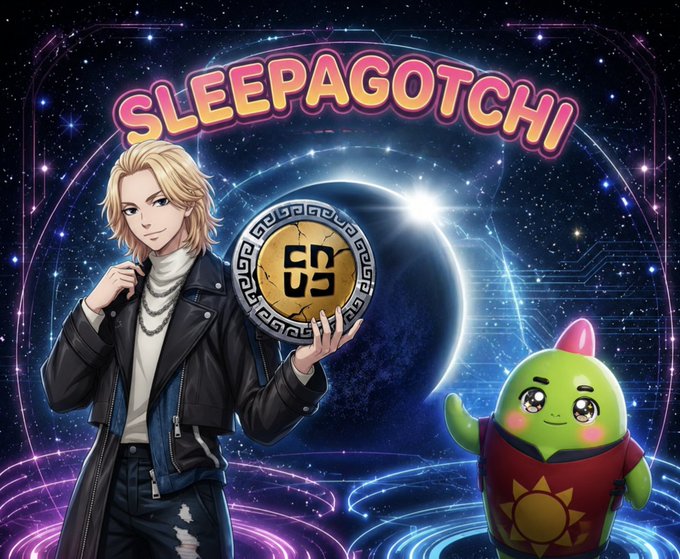 The image features two characters - a man wearing a leather jacket holding a gold coin, and a green alien character next to him. The background of the image depicts a starry night sky, which complements the overall theme of the post. The text in the image reads "SLEEPAGOTCHI" and "C.D.U.S." This suggests that the image is related to a project called Sleepagotchi, where players are rewarded for their attention by collecting coins or stars as they sleep.

The main idea behind this project is to encourage people to focus on their sleep patterns and improve their overall well-being through better sleep habits. The characters in the image symbolize the importance of rest and relaxation in our daily lives. By focusing on their sleep, players can achieve a more balanced lifestyle and potentially enhance their cognitive abilities, mood, and physical health.