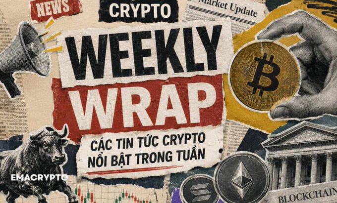 'Crypto Weekly Wrap' collage graphic by EMACrypto featuring newspaper clippings, a megaphone, bull imagery, Bitcoin, Solana, and Ethereum coins, with Vietnamese text 'Các tin tức crypto nổi bật trong tuần'.