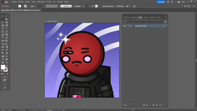 Screenshot of Adobe Illustrator showing a stylized red character wearing a black spacesuit with "SR" on the chest patch, displayed against a purple and blue swirled background with sparkles. The file is named "Space Rider 7762.ai" and the document tab reads "Space Rider #1," visually teasing the Space Riders NFT project referenced in the giveaway post.