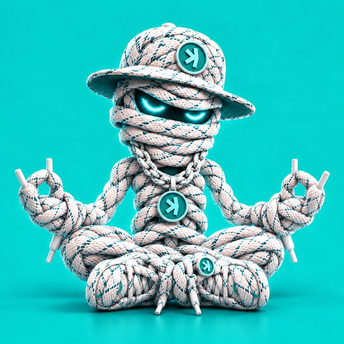 A 3D-rendered character made of white rope with blue accents, wearing a bucket hat and medallion, sitting in a meditation pose with glowing blue eyes against a teal background.