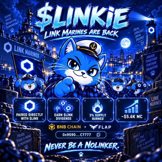 A vibrant promotional graphic for "$LINKIE" featuring a central blue cat mascot in a sailor's hat surrounded by smaller cat characters, with text such as "LINK MARINES ARE BACK," "Paired Directly with $LINK," "Earn $LINK Dividends," "3% Supply Burned," "~$5.6K MC," "BNB Chain • Flap," and the contract address "0x9590...c7777," ending with the slogan "Never Be a Nolinker." The imagery directly supports the post's message by visually emphasizing the meme's ties to the Chainlink ($LINK) community, its dividend feature, and the BNB chain bonding curve launch details.