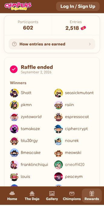 A screenshot of a Chimpers raffle results page showing 602 participants, 2,518 entries, and a list of winners including Shatt, pkmn, and seasickmutant.