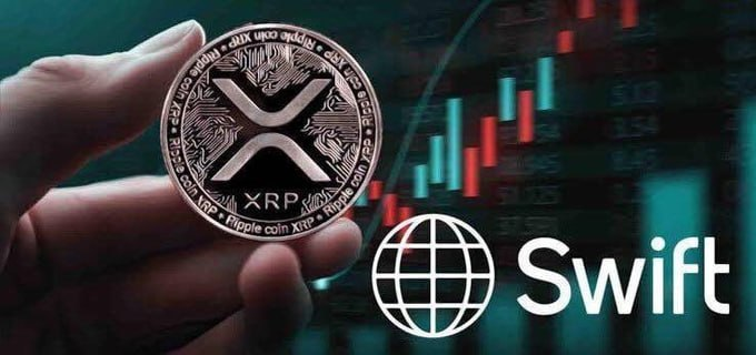 An image showing a hand holding a physical XRP coin with the text "Ripple coin XRP" visible, alongside the "Swift" logo and a red trading chart in the background.