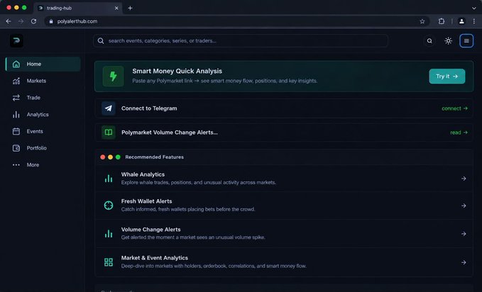 Screenshot of the Polymarket Trading-hub dashboard showing navigation options including Home, Markets, Trade, Analytics, Events, and Portfolio, with featured tools like Smart Money Quick Analysis and Whale Analytics.