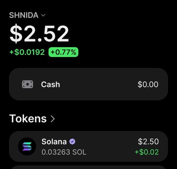 Mobile crypto wallet app showing a balance of $2.52 for the 'SHNIDA' wallet, with holdings including 0.03263 SOL (Solana) valued at $2.50.