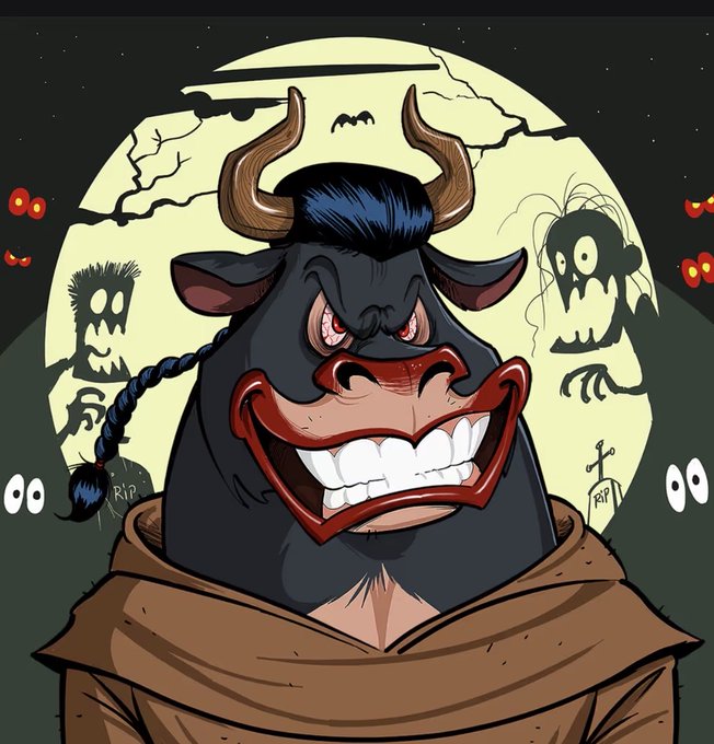 A cartoon illustration of a menacing black bull with red eyes, large horns, and a wide grin showing sharp white teeth, set against a full moon backdrop with spooky Halloween elements like ghosts, bats, and floating eyes.
