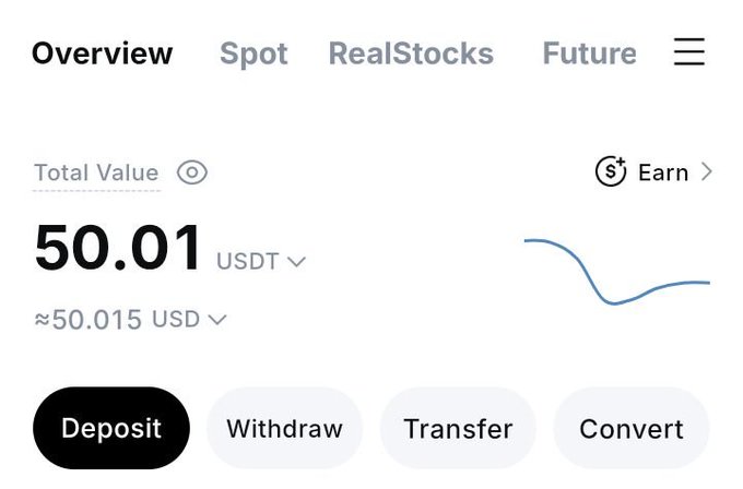 A screenshot of a cryptocurrency or stock trading app showing a Total Value of 50.01 USDT (approximately 50.015 USD). The interface has tabs for Overview, Spot, RealStocks, and Future, with buttons for Deposit, Withdraw, Transfer, and Convert.