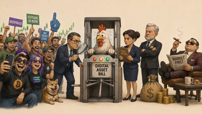 A satirical cartoon depicts a 'Digital Asset Bill' examination machine with a chicken inside, while crowds hold signs like 'DECENTRALIZE', 'FUTURE IS NOW', and 'WE TRUST CODE', and wealthy figures read a 'MARKET FIRST' newspaper beside money bags.