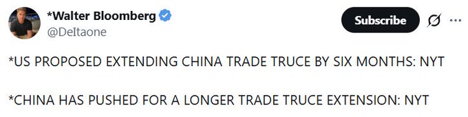 A tweet from @Deltaone (Walter Bloomberg) reports that the US proposed extending the China trade truce by six months, while China has pushed for a longer extension, according to the NYT. The bullish trade extension news aligns with the "risk on" sentiment, supporting the view that markets may continue rallying.