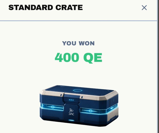 The image shows a "STANDARD CRATE" reward screen announcing "YOU WON 400 QE," featuring a futuristic blue and white crate labeled "DAC," which aligns with the accompanying post promoting DAC Quantum Chain's Interstellar platform and its daily crate rewards system.