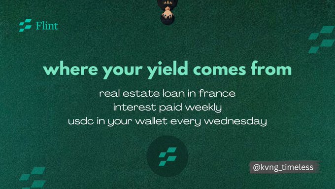 The image is a graphic from Flint with a dark teal background, featuring the Flint logo and the text "where your yield comes from" followed by details: "real estate loan in france, interest paid weekly, usdc in your wallet every wednesday." It explains the post's point that Flint's yield comes from French real estate loans where investor USDC funds property-backed financing, with weekly interest payments delivered as USDC.