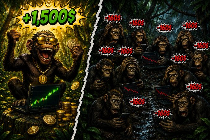 A split image showing a happy monkey holding Bitcoin coins with '+1,500$' text on the left, contrasted with sad monkeys looking at declining charts with '-160$' text on the right.