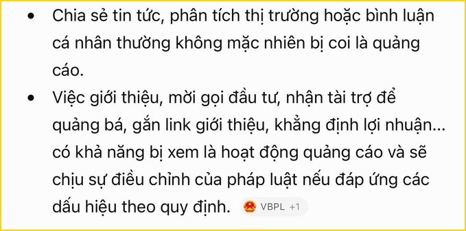 The image shows a Vietnamese-language excerpt listing activities that constitute illegal advertising under crypto regulations, including sharing news/market analysis without clear ad disclosure, and promotional activities like investment solicitations, introductions, sponsorships, referral links, or profit guarantees—which may be considered advertising and subject to legal enforcement.