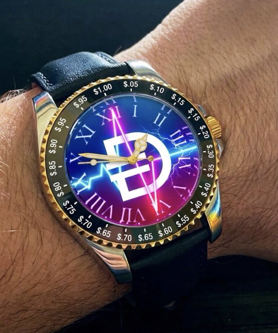 A wrist sports a bold black watch featuring a vibrant electric blue and purple dial with Roman numerals, a "$" currency-tick bezel ($0.05–$1.00), and the $pDAI logo framed by lightning bolts, perfectly capturing the "almost time" energy of the $pDAI PulseChain post.