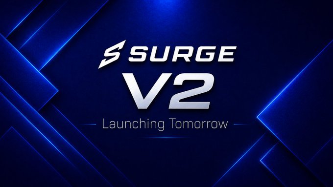 Promotional graphic with a blue geometric background featuring the text 'SURGE V2' and 'Launching Tomorrow'.