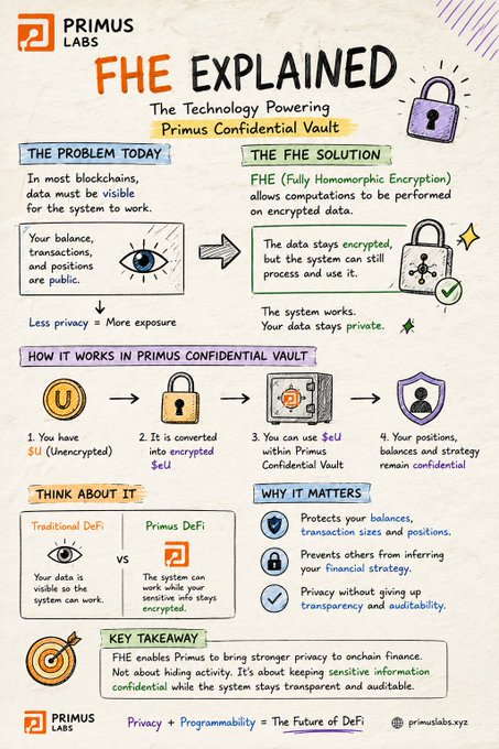 An infographic titled 'FHE Explained' by Primus Labs, illustrating Fully Homomorphic Encryption technology and how it powers the Primus Confidential Vault for privacy in DeFi.