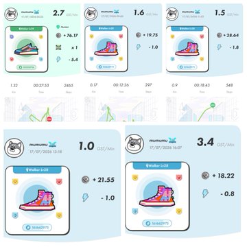 A collage of five run activity cards from the Mumuchu app, displaying distances ranging from 1.0 to 3.4 km, paces, and heart rate data.