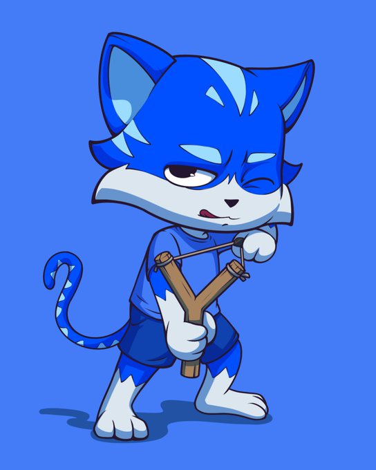 Cartoon illustration of a blue and white cat character wearing a hoodie, holding a wooden slingshot and winking, set against a blue background.