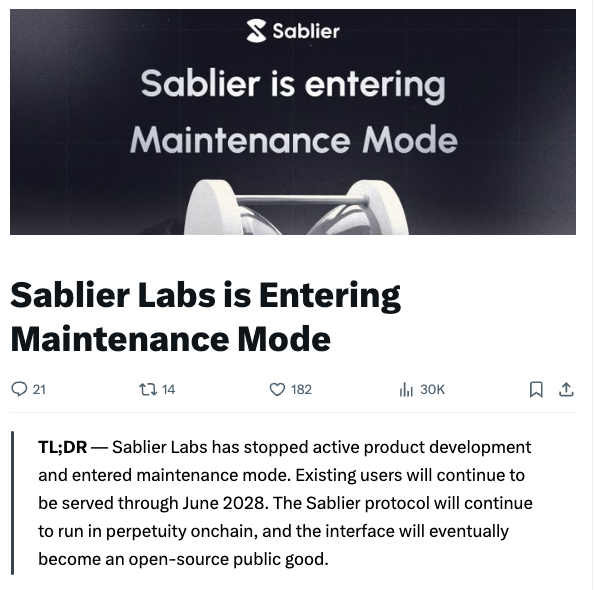Sablier Labs announces entering maintenance mode, with existing users supported through June 2028 while the protocol continues onchain and the interface becomes open-source.