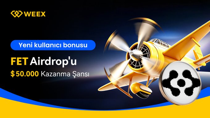 A WEEX cryptocurrency advertisement promotes a 'FET Airdrop' with a $50,000 prize pool for new users, featuring an illustration of a yellow propeller airplane and a FET token coin.