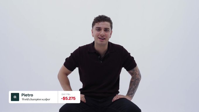 A man named Pietro, identified as 'World champion Scalper', sits in a black polo shirt with a graphic showing 'DAY P&L: -$5,275' in the corner.