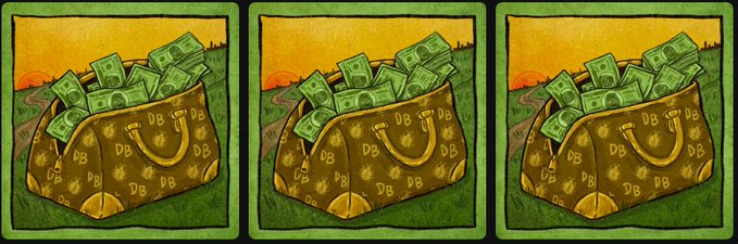 Three identical illustrations show a brown duffel bag emblazoned with "DB" monograms overflowing with stacks of cash against a sunset backdrop, symbolizing the profit or hype surrounding the user's recent purchase of DegenBugs NFTs in anticipation of the upcoming reveal.