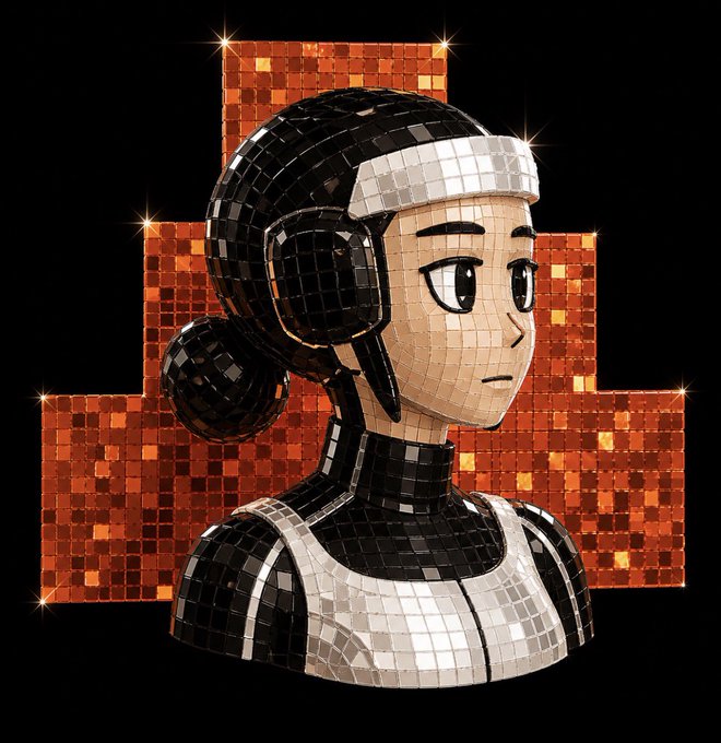 A digital artwork features a character with black hair tied in a bun, wearing a black and white outfit and a headband, rendered in a disco ball or mosaic tile style against a sparkling orange pixelated background.