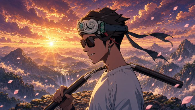 An anime-style illustration of a character wearing a headband and sunglasses, holding a staff while overlooking mountains at sunset.