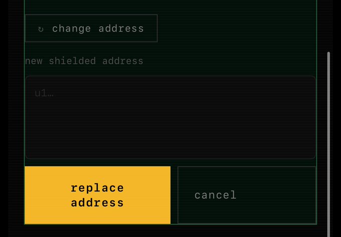 A dark-themed user interface dialog box displays 'change address' at the top with a text field labeled 'new shielded address' showing 'u1...', alongside yellow 'replace address' and dark 'cancel' buttons.