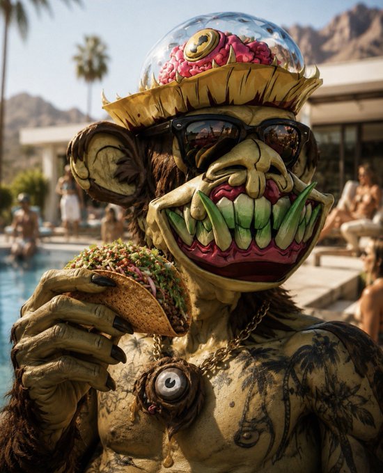A grotesque, monstrous character with bulging eyes, a wide green-toothed grin, and sunglasses wears a flower-petal hat while eating a taco by a pool.