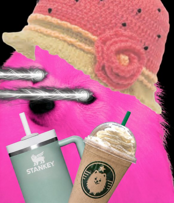 A vibrant collage features a pink furry creature with glowing lightning-bolt eyes, flanked by a mint green Stanley tumbler and a Starbucks frappuccino, topped with a slice of cake. The image's playful, sugary aesthetic aligns with the post's giveaway announcement for $PYONYA, evoking the meme-like, hype-driven energy of the crypto promotion.