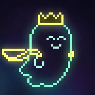 A pixel art illustration of a smiling character wearing a golden crown and holding a golden key, rendered in teal and yellow on a dark background.