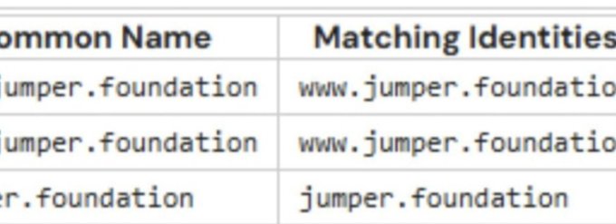 A table displaying matching identities for the common name 'jumper.foundation' against various URLs including 'www.jumper.foundation' and 'jumper.foundation'.
