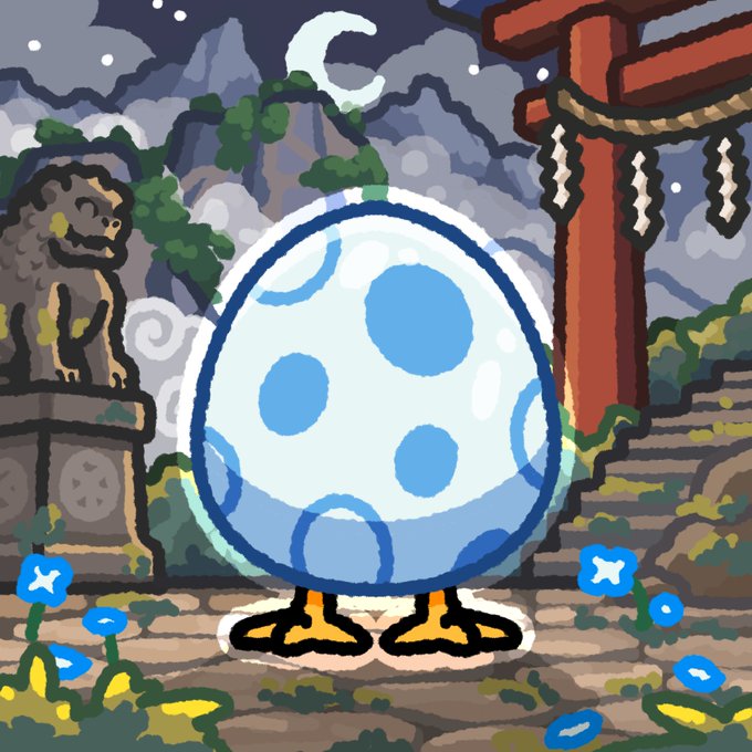 Pixel art depicting a blue and white spotted egg with orange feet standing in a Japanese shrine setting at night, with a crescent moon, stone lion statue, and torii gate.