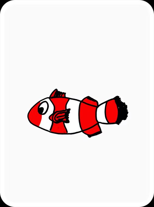 A simple cartoon illustration of a red and white clownfish with black accents swimming against a plain white background.
