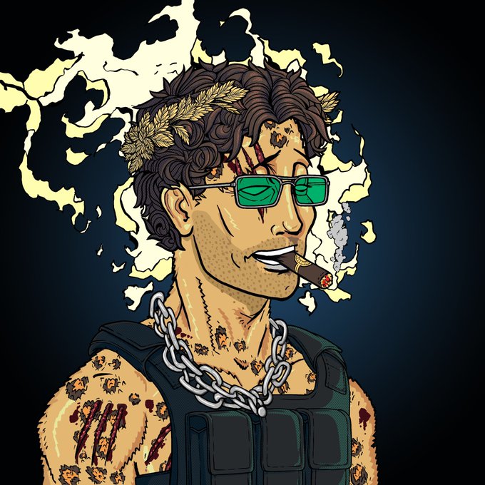 A stylized illustration depicts a rugged man with curly brown hair, green sunglasses, a gold laurel wreath, and a thick silver chain, smoking a cigar while surrounded by smoke and wearing a tactical vest. The image complements the post's bold, confident tone as the user introduces themselves to crypto influencer Ansem, declaring their readiness to receive an airdrop or raffle win as a loyal "black bull."