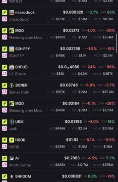A scrolling list of trending memecoins displays tickers such as Microduck ($0.009320, +63%), SCHIFFY ($0.002788, +16%), SHUB ($0.4980, +88%), BONER ($0.03748, +5.7%), HOOD ($111.92, -0.5%), and SHROOM ($0.008831, +19%).