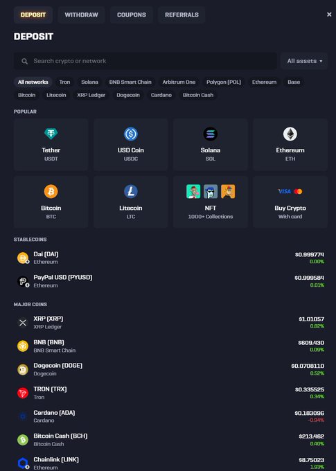 A cryptocurrency deposit interface displays various networks like Tron, Solana, and Ethereum, with popular tokens including Tether (USDT), USD Coin (USDC), Solana (SOL), Ethereum (ETH), Bitcoin (BTC), and Litecoin (LTC), along with stablecoin and major coin listings showing current prices.