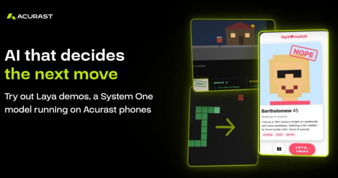 Acupen advertises webcam device 'AI that decides the next move', referencing Laya demos, a System One model running on Acupen phones, with pixelated game visuals shown.