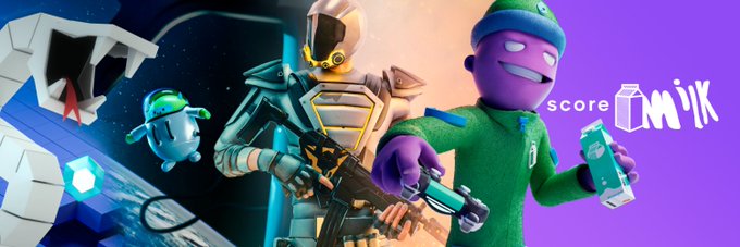 A vibrant promotional banner featuring 3D cartoon characters in gaming attire, including a soldier with a rifle and a character in green holding a phone, with the text 'score milk' displayed.