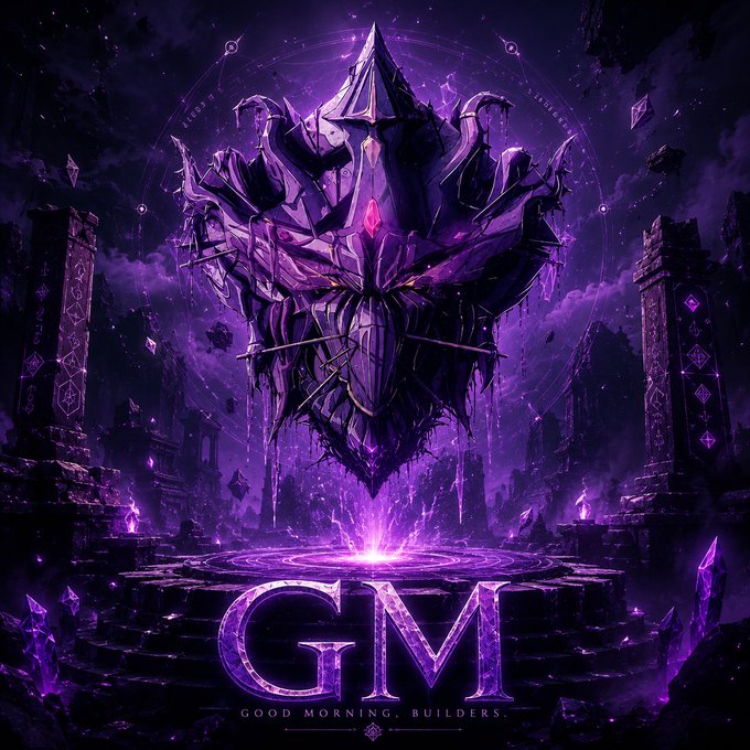 A dramatic purple fantasy artwork featuring an ornate armored figure or floating structure above a glowing portal, with the text "GM - GOOD MORNING, BUILDERS." displayed at the bottom.