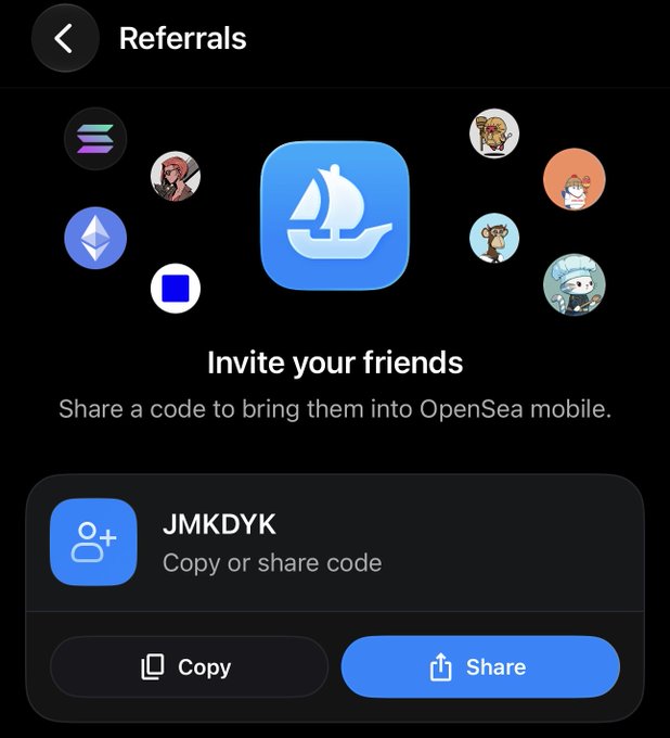 A mobile screen showing the OpenSea Referrals page with the text 'Invite your friends' and 'Share a code to bring them into OpenSea mobile,' along with a referral code 'JMKDYK' and Copy and Share buttons.