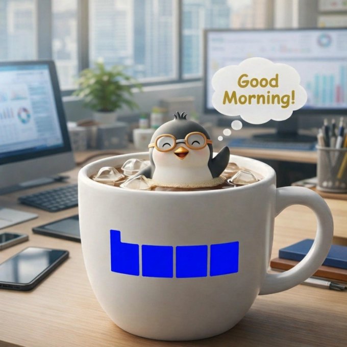 The image features a cute penguin figurine sitting inside a white mug filled with hot chocolate. The penguin has a speech bubble above its head that says "Good morning!" This playful scene is related to the post, which encourages people to start their day by checking what builders shipped overnight on Base overnight and embracing the idea of waking up to new opportunities.