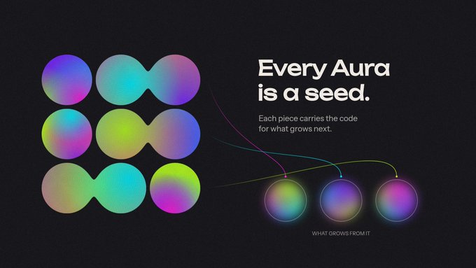 A dark promotional graphic with the text 'Every Aura is a seed. Each piece carries the code for what grows next.' showing colorful iridescent orbs connecting to smaller spheres with the text 'WHAT GROWS FROM IT'.